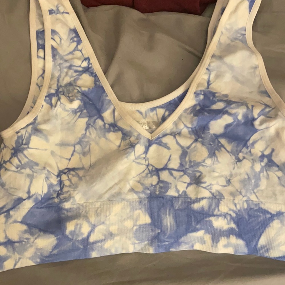 Blue and white sports bra